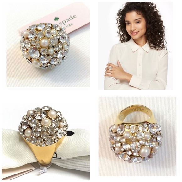NWT Kate Spade ♠️ PICK A PEARL 12-K Gold Plated Glass Stones/ Pearls Ring-Sz.7 - Picture 2 of 12